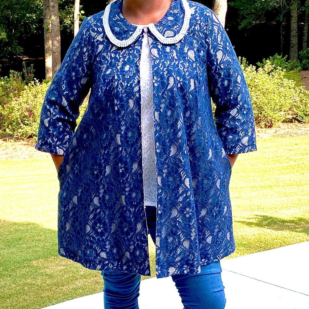 Large Blue lace overlay swing jacket.